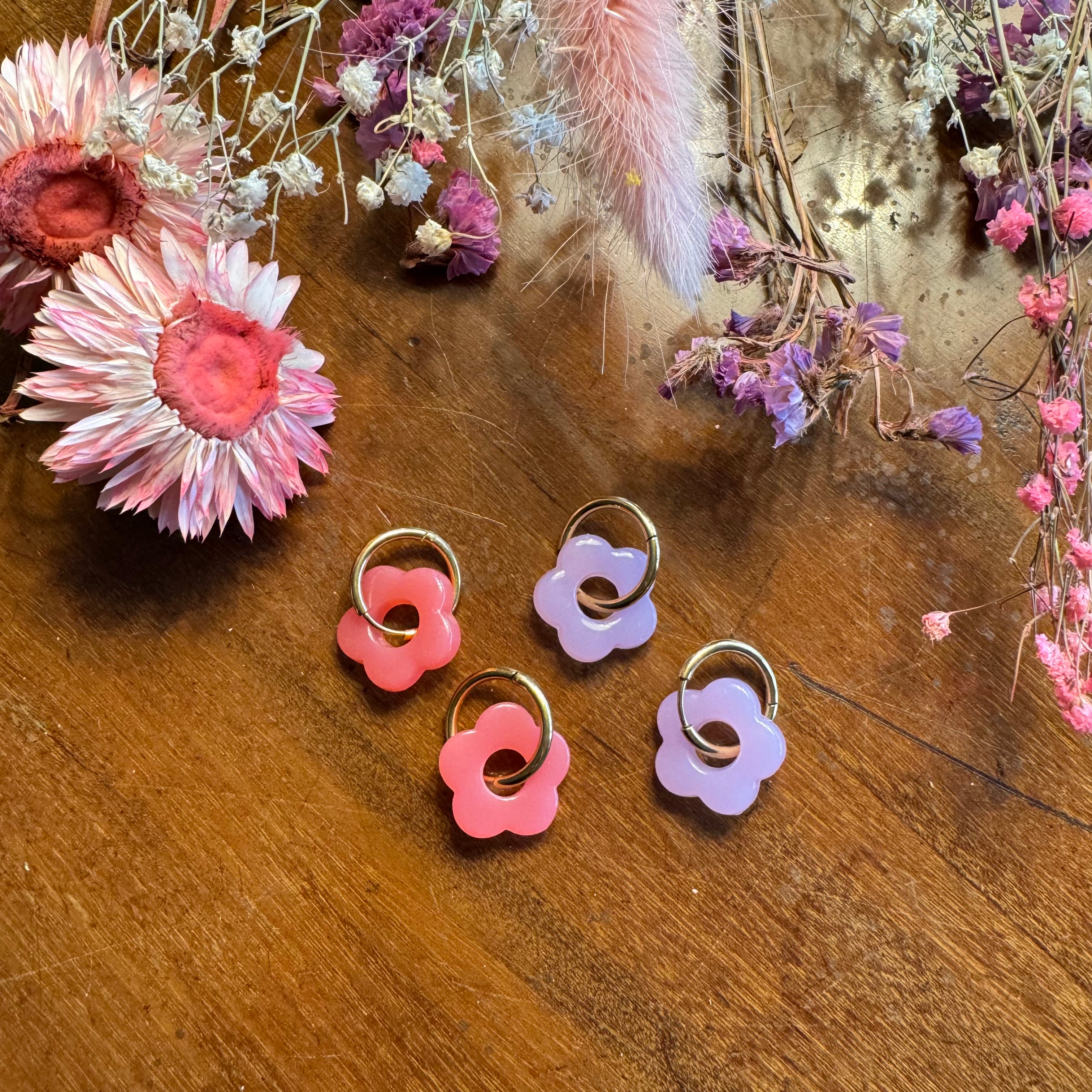 Boucles D'Oreilles Fleurs En Acrylique - Créoles Creuses Colorées, Cadeau Mignon Pour Fille Et Femme